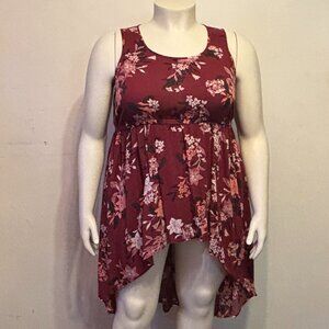 Torrid Plus 2X Burgundy Floral Scoop Neck High-Low Tank w Elastic Waist NWOT